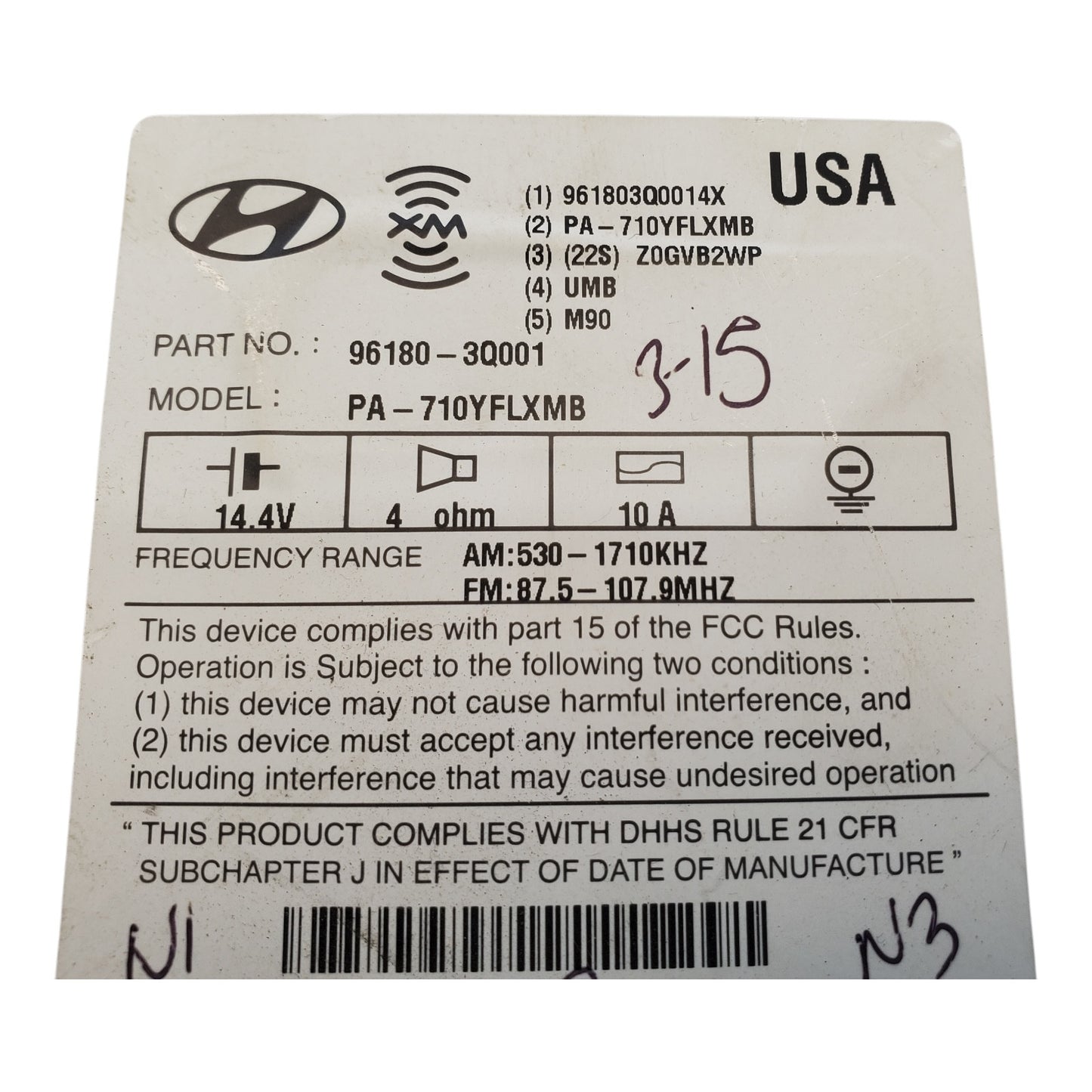 2011 Hyundai Sonata AM FM Single Disc CD mp3 Radio w Satellite 96180-3Q001