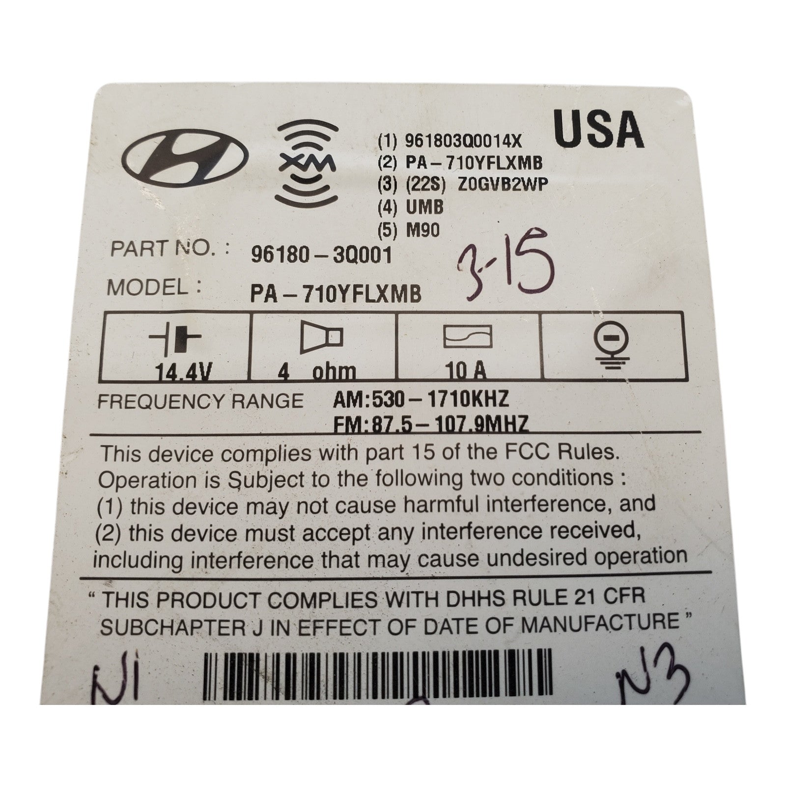 2011 Hyundai Sonata AM FM Single Disc CD mp3 Radio w Satellite 96180-3Q001