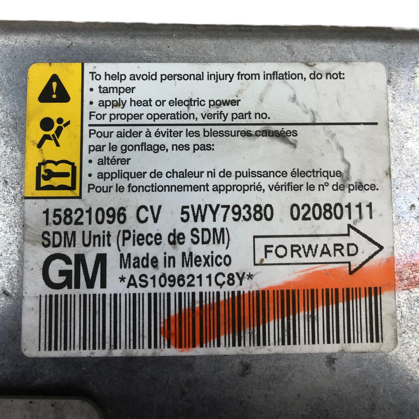 2008 - 2010 Chevrolet Malibu SRS Control Module Computer 15821096