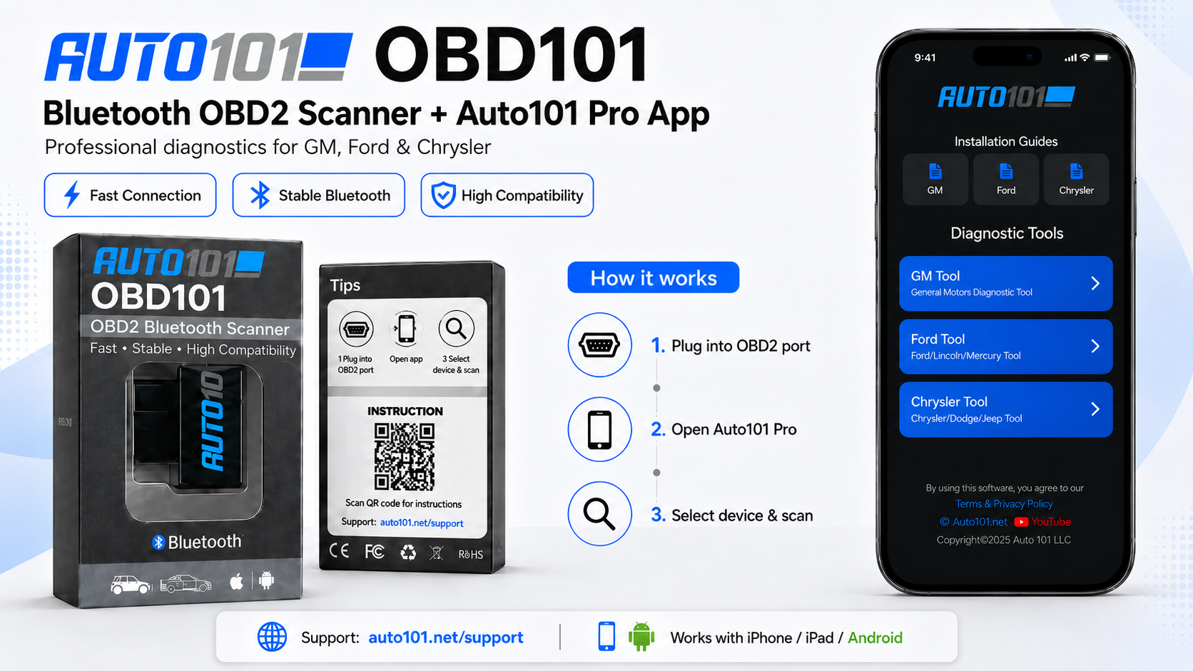 OBD101 Bluetooth OBD2 scanner with Auto101 Pro App